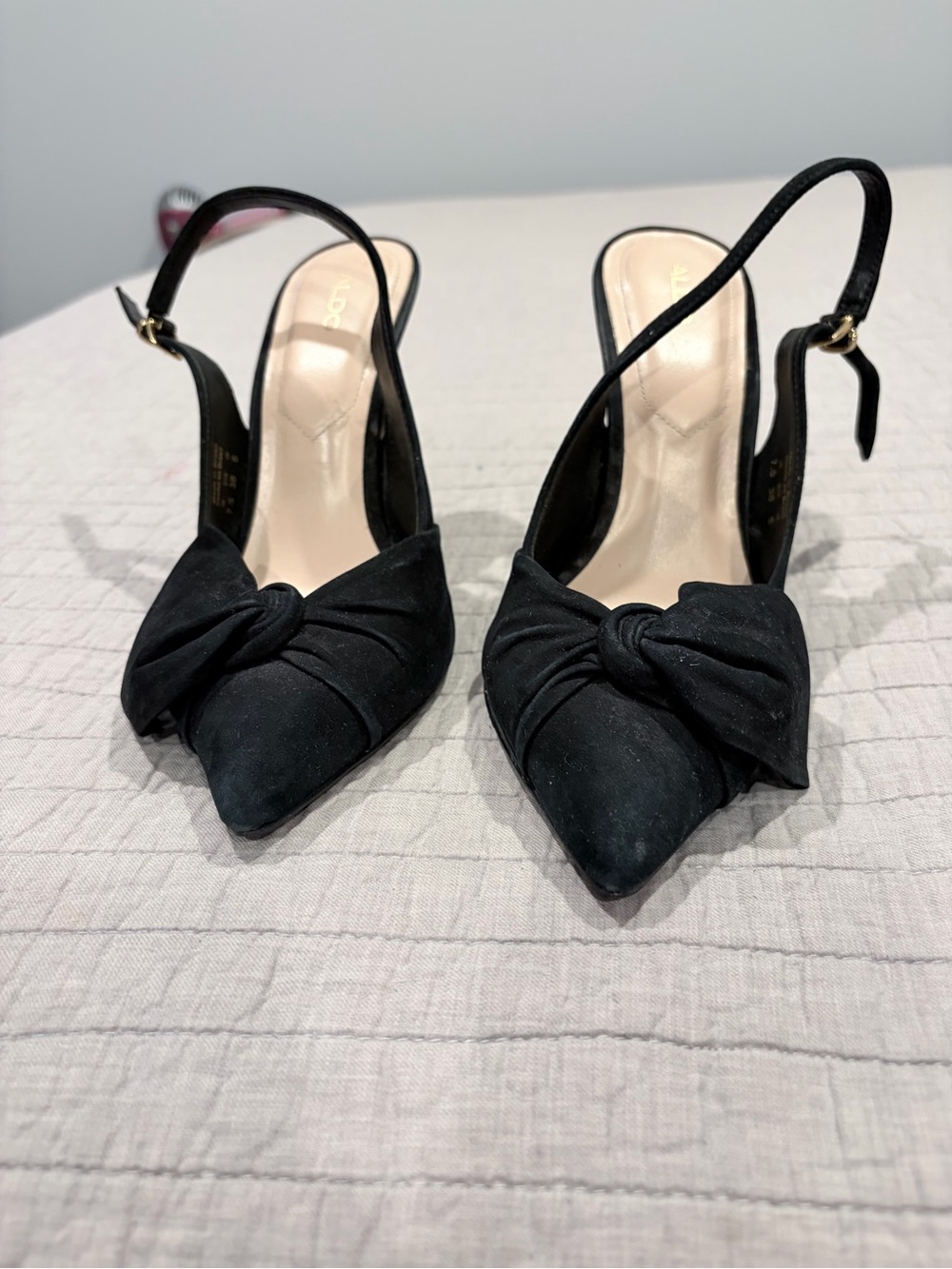 ALDO Black Faux Suede Bow Slingback Heels Pointed Toe Stiletto Pumps Size 7.5 - Picture 3 of 7